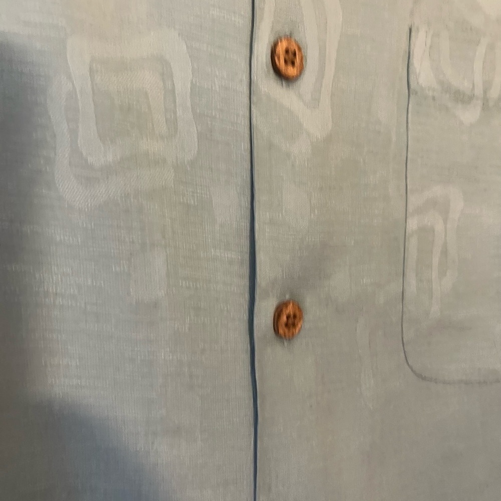 WtF Shirt Mens L Silk Hawaiian Wood Button Up Green Embossed Print - Picture 5 of 6